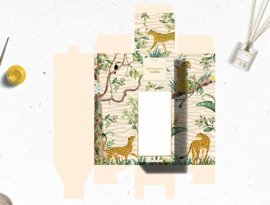 Safari-themed reed diffuser packaging featuring cheetahs and lush jungle foliage, designed by Mubeen.