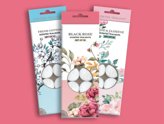 Scented tealight packaging design by graphic designer in Dubai